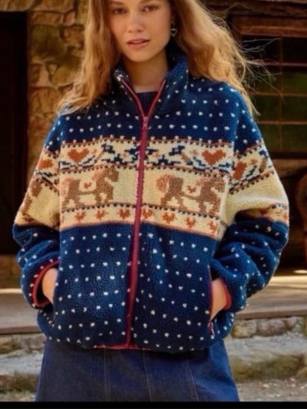 Cider Fleece Holiday Horse Sherpa Navy Red Zip Jacket Medium NEW